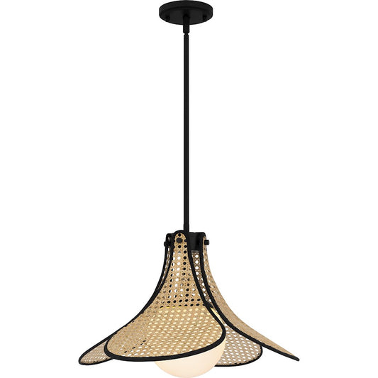 Quoizel 1 Light Pendant, Matte Black/Rattan Caning/Opal Etched - QP6207MBK