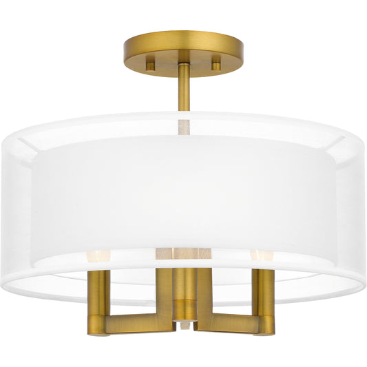 Quoizel Bodnar 3 Light Semi-Flush Mount, Aged Brass/Organza/White - QSF5576AB