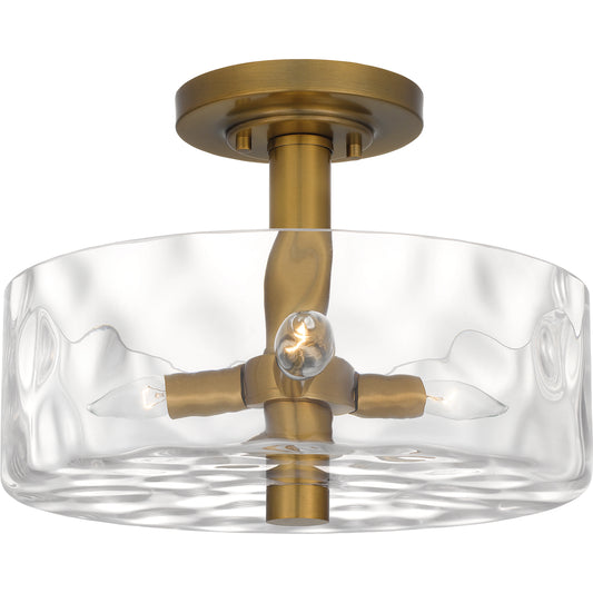 Quoizel Calpella 3 Light Semi-Flush Mount, Aged Brass/Clear Water - QSF5608AB