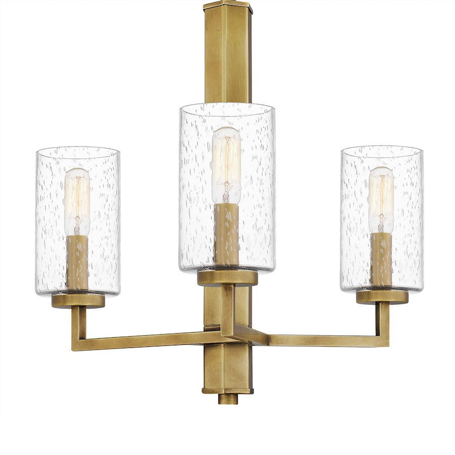 Quoizel Sunburst 3 Light Chandelier, Weathered Brass/Clear Seeded