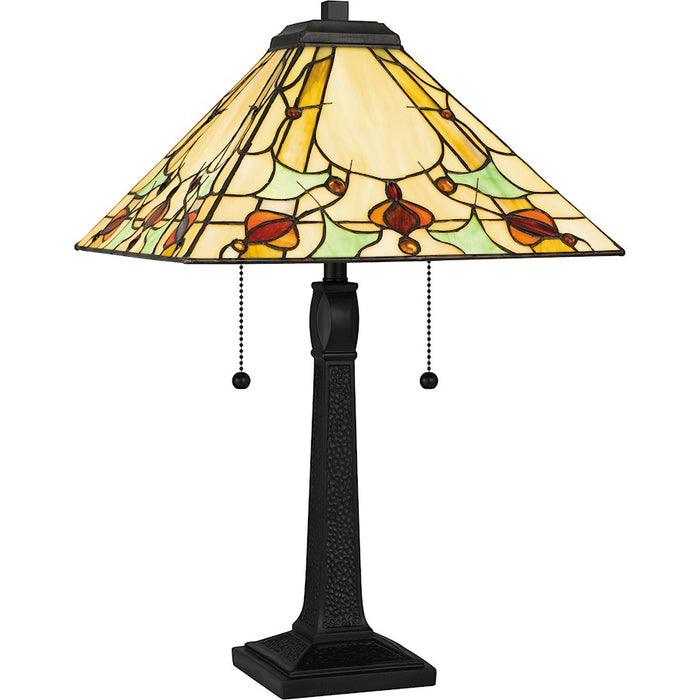 Quoizel Legend 2 Light Table Lamp, Matte Black/Multicolor Art Glass