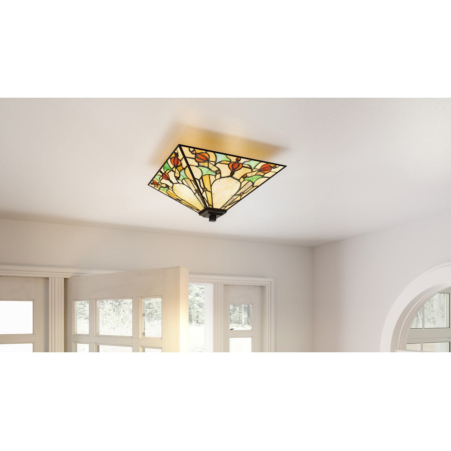 Quoizel Westwind 2 Light Flush Mount, Black/Multicolor Art Glass