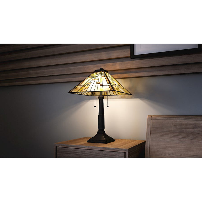 Quoizel Mill Run 2 Light Table Lamp, Black/Multicolor Art Glass