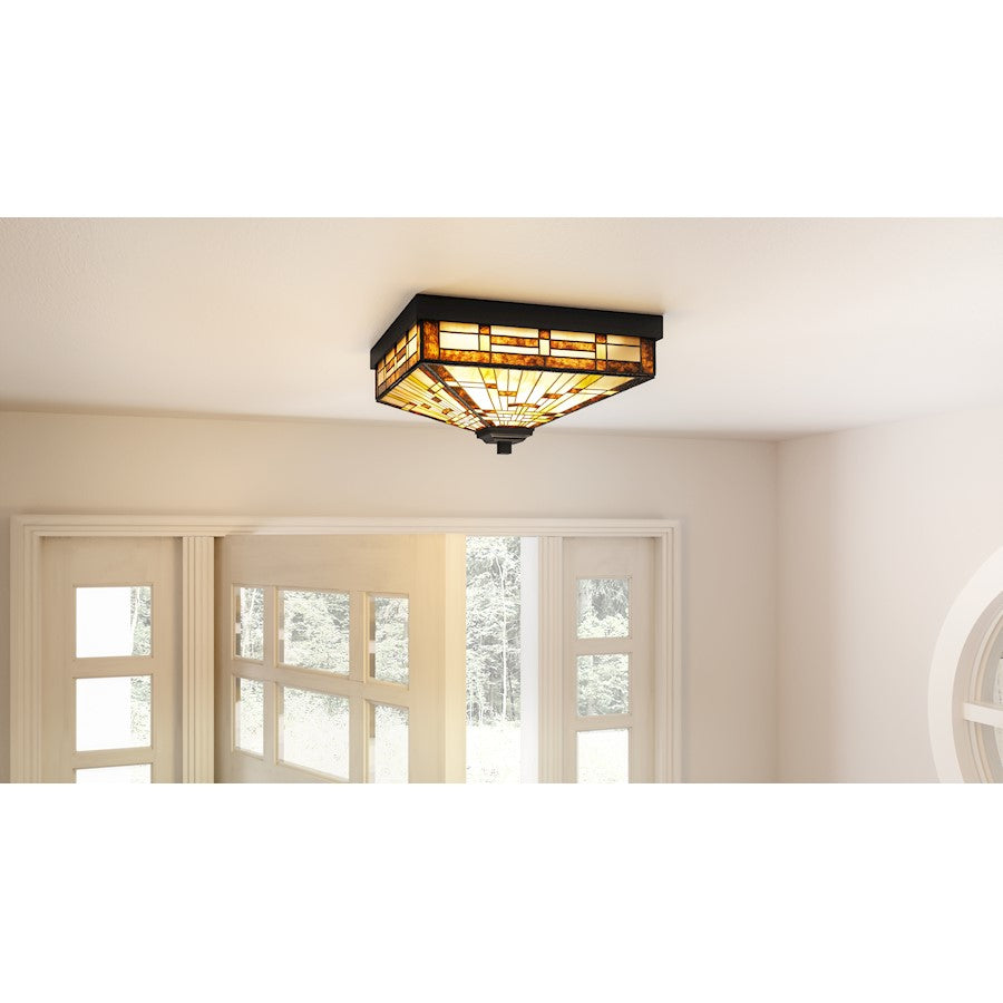 Quoizel Mill Run 3 Light Flush Mount, Black/Multicolor Art Glass