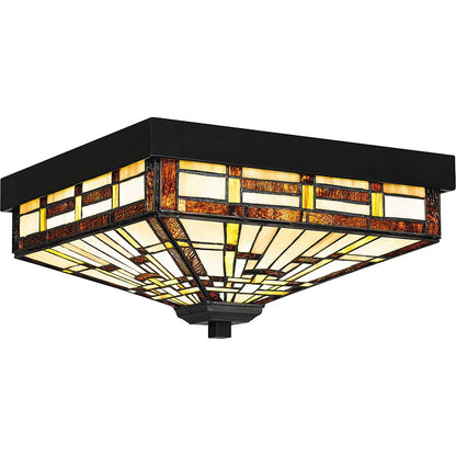 Quoizel Mill Run 3 Light Flush Mount, Black/Multicolor Art Glass