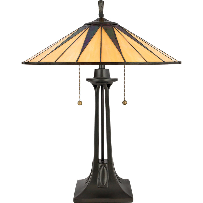 Quoizel 2 Light Gotham Tiffany Table Lamp, Vintage Bronze