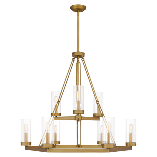 Quoizel Valens 9 Light Chandelier, Aged Brass/Clear Reeded - VLS5036AB