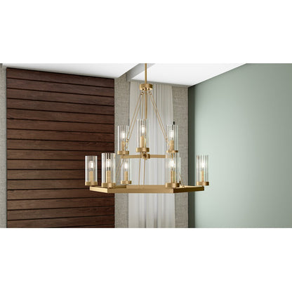 Quoizel Valens 9 Light Chandelier, Aged Brass/Clear Reeded