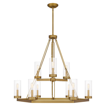 Quoizel Valens 9 Light Chandelier, Aged Brass/Clear Reeded