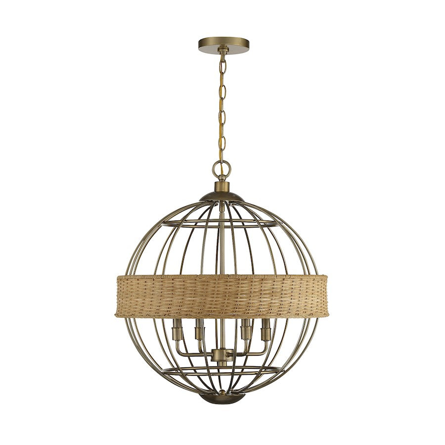 Savoy House Boreal 4 Light Pendant, Warm Brass/Natural Rattan - 7-7773-4-177