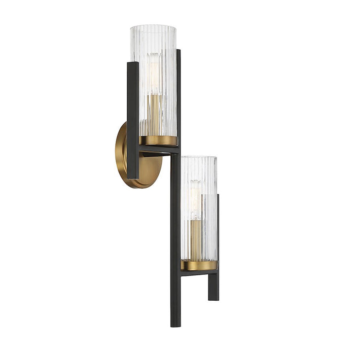 Savoy House Midland 2 Light Wall Sconce, Black/Brass/Clear Ribbed