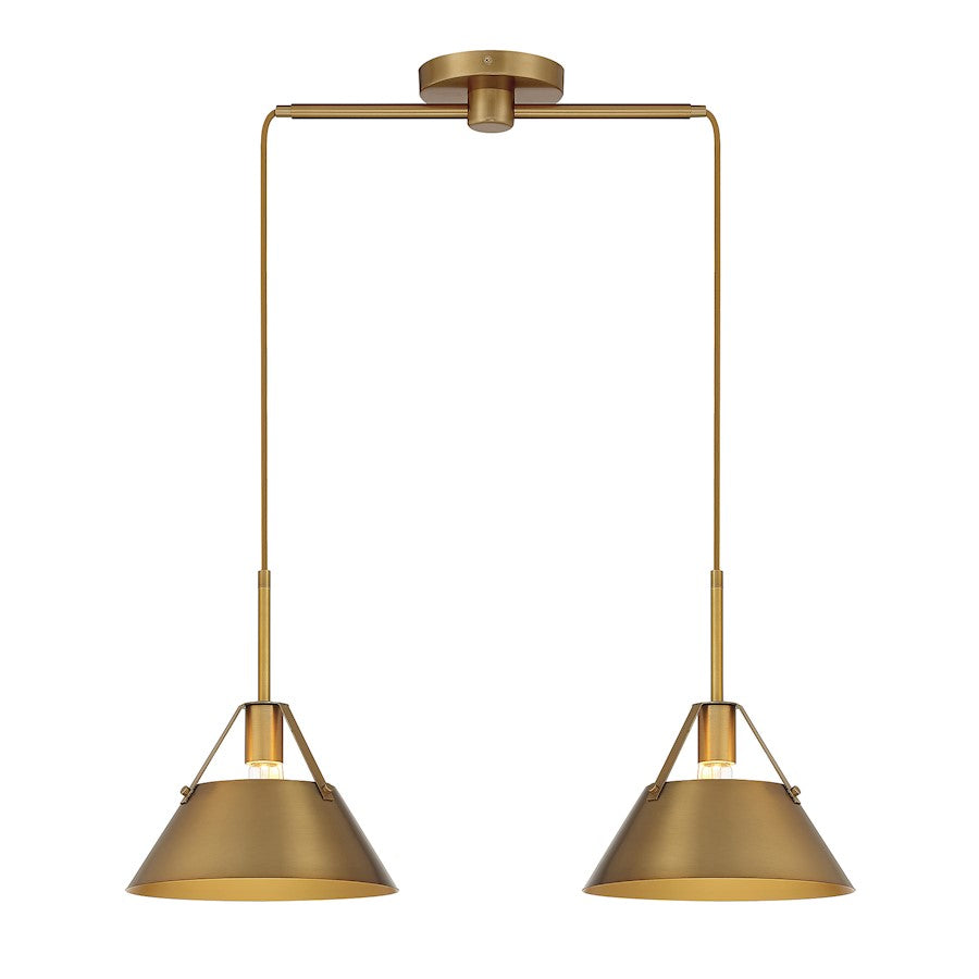 Meridian Vintage 2 Light Linear Chandelier, Natural Brass/Brass - M100107NB