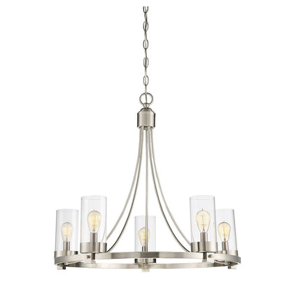 Meridian Modern 5 Light Chandelier, Brushed Nickel/Clear - M10018BN