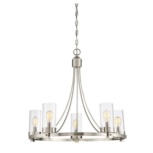 Meridian Modern 5 Light Chandelier, Brushed Nickel/Clear - M10018BN