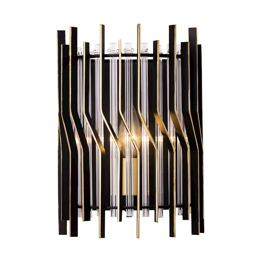 Varaluz Park Row 1 Light Sconce, Black/Gold/Modern Clear Fluted - 393W01MBFG