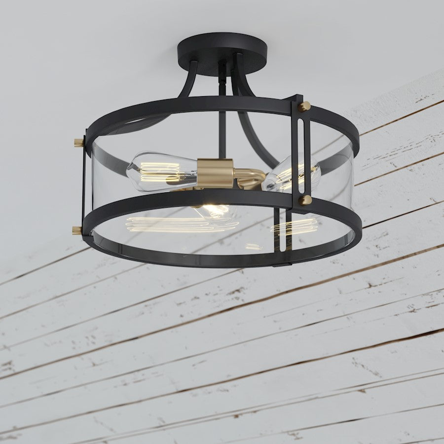 Vaxcel Holbrook 3 Light 15.75" Semi Flush Mount, Black/Brass/Seedy