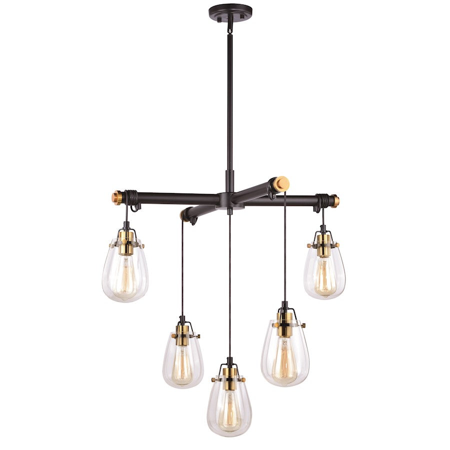 5 Light Chandelier, Black and Natural Brass