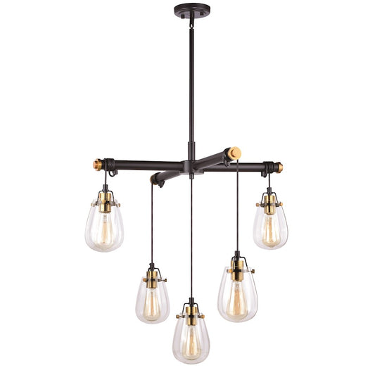 5 Light Chandelier, Black and Natural Brass