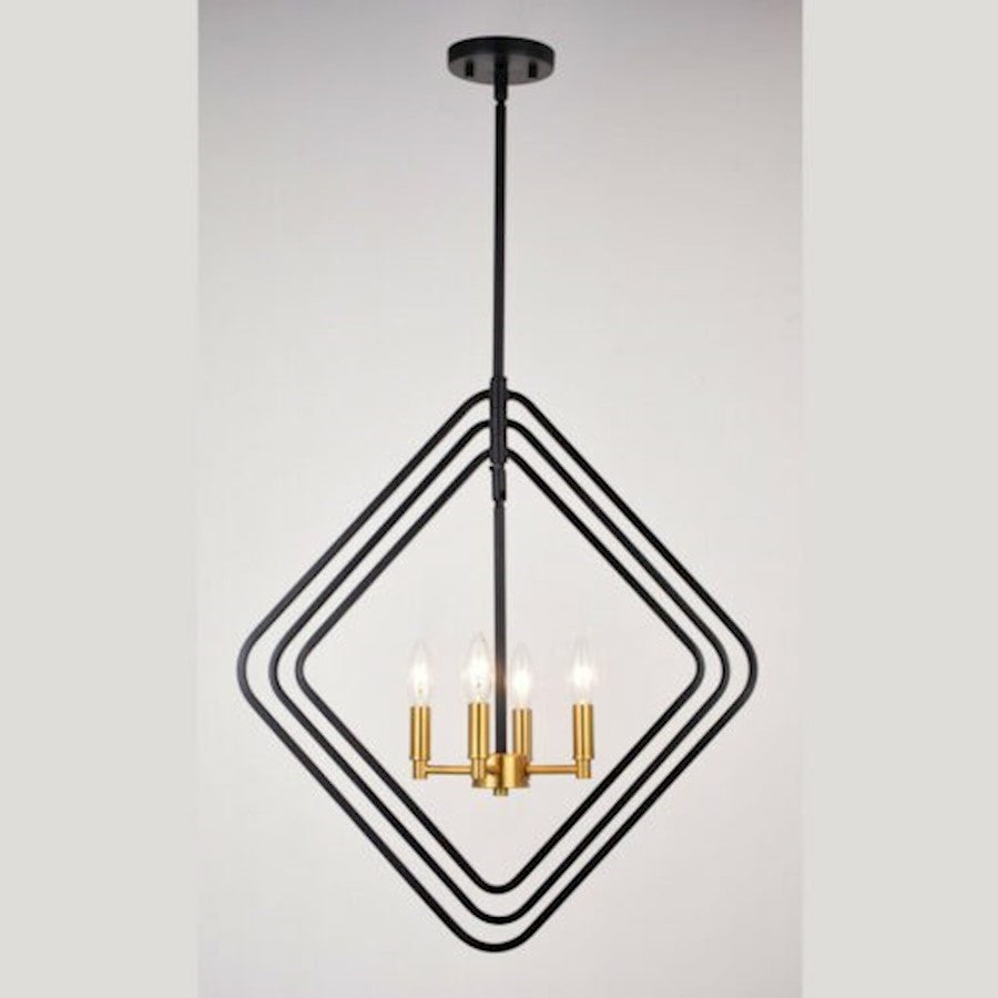 4 Light Pendant, Black/Satin Brass