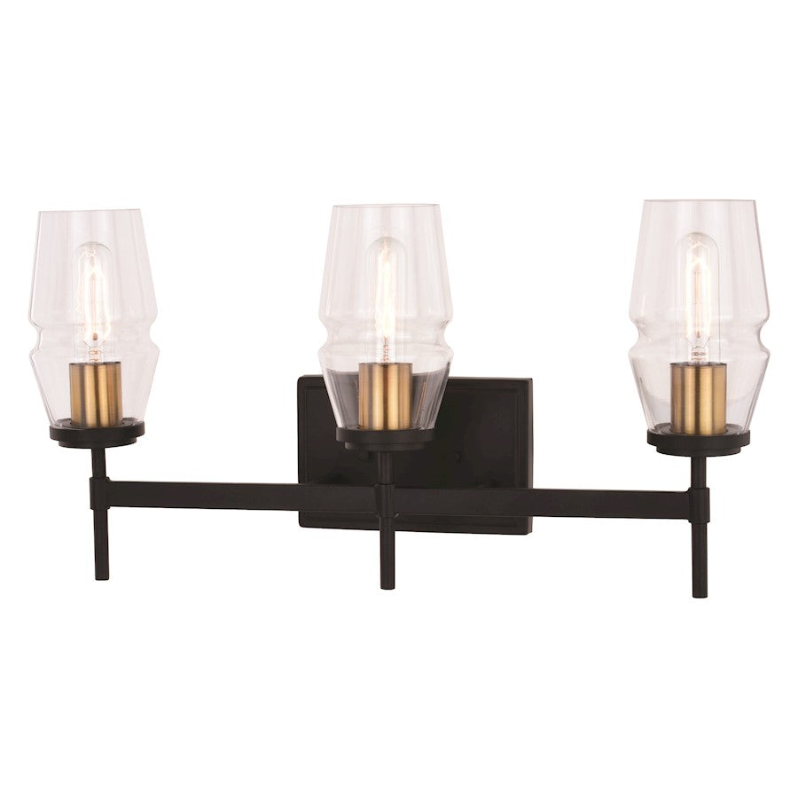 Vaxcel Warren 3 Light Vanity, Matte Black/Brushed Brass/Clear - W0393