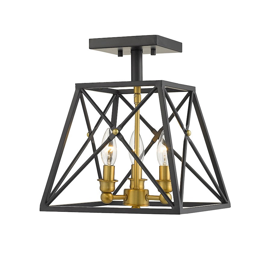 Z-Lite Trestle 3 Light Semi Flush Mount, Matte Black/Olde Brass